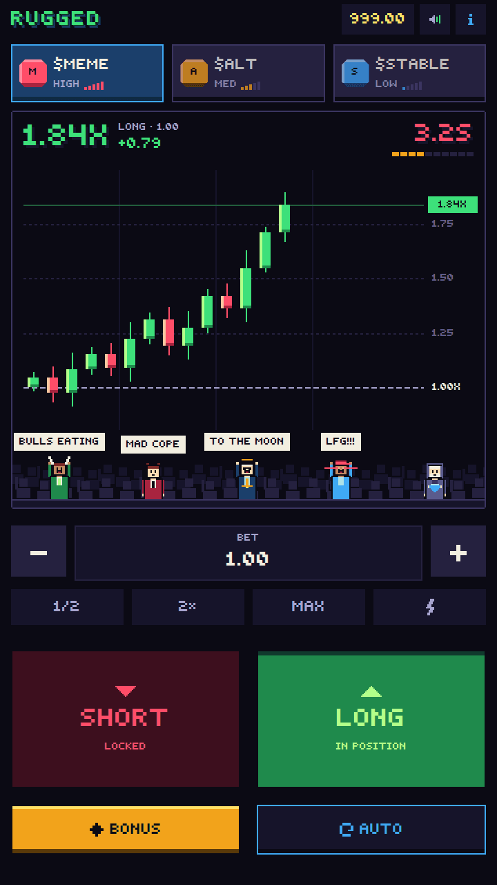 Rugged on a phone in portrait: coin tabs at the top, the candlestick chart, a bet control and large SHORT and LONG buttons.