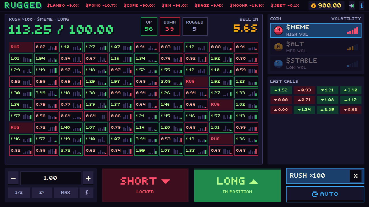 Rugged Rush mode screen: a grid of 100 small charts, each showing its own multiplier, with a running total at the top.