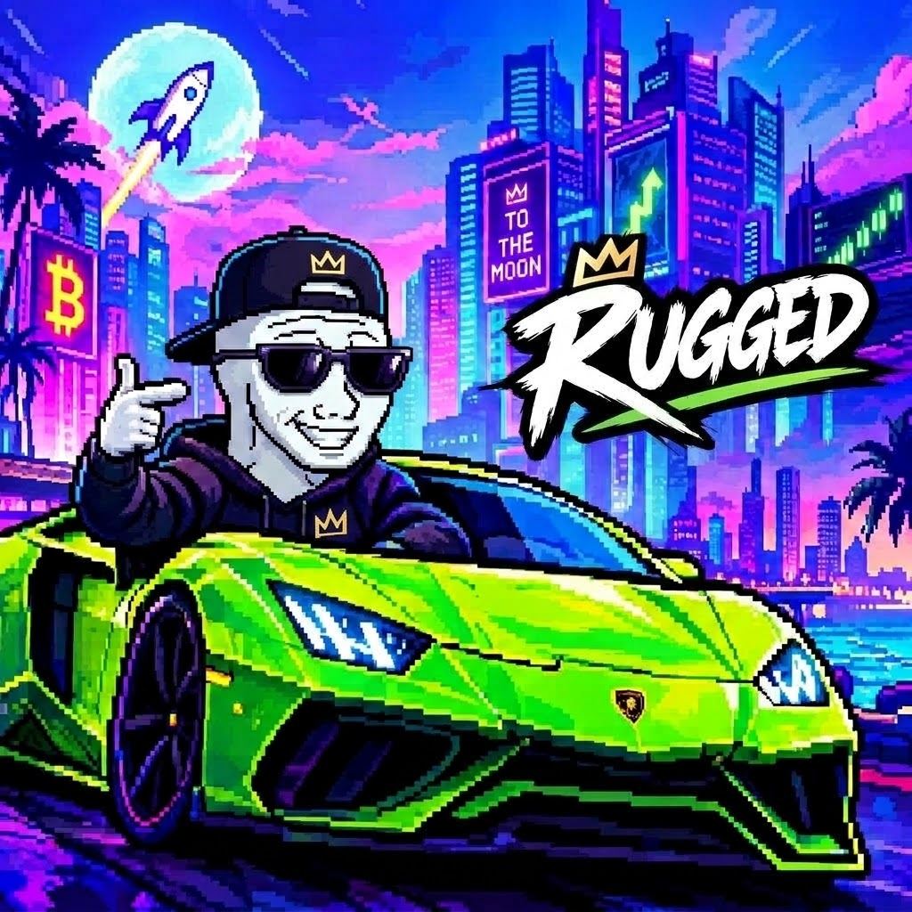 Rugged key art: a pixel-art trader in sunglasses and a crown cap gives a thumbs up from a lime green sports car in front of a neon city skyline.